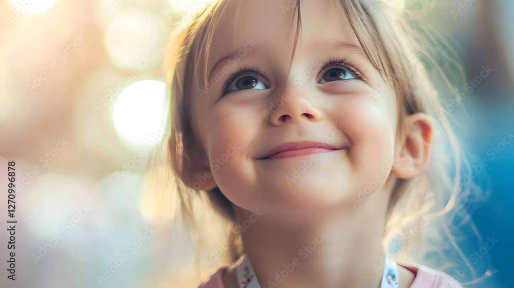 A joyful young girl gazing upwards with a smile, surrounded by a colorful, blurred background A joyful young girl gazing upwards with a smile, surrounded by a colorful, blurred background