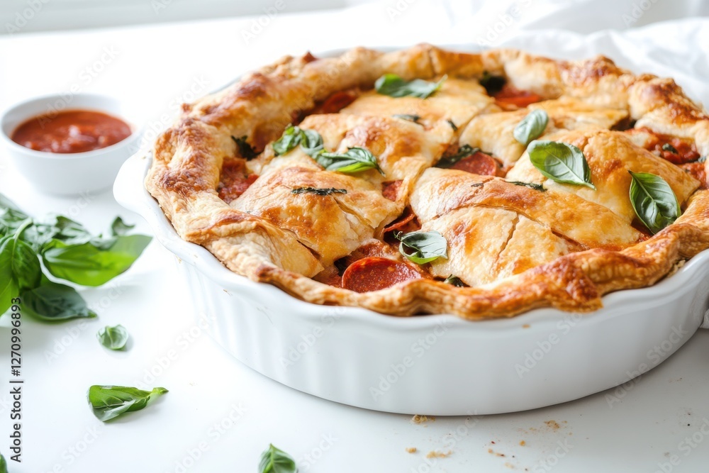 Golden-brown crust envelops a savory filling of cheese, marinara, and toppings in this pizza pot pie, beautifully presented in a clean dish under soft, natural light Golden-brown crust envelops a savory filling of cheese, marinara, and toppings in this pizza pot pie, beautifully presented in a clean dish under soft, natural light