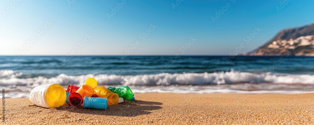Plastic pollution concept. Colorful plastic waste on the beach, highlighting ocean pollution and environmental impact. Plastic pollution concept. Colorful plastic waste on the beach, highlighting ocean pollution and environmental impact.