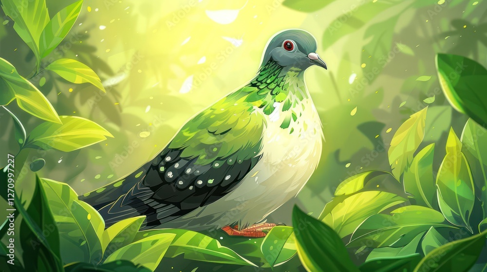 A vibrant, illustrated bird perched among lush green foliage, showcasing nature's beauty. A vibrant, illustrated bird perched among lush green foliage, showcasing nature's beauty.