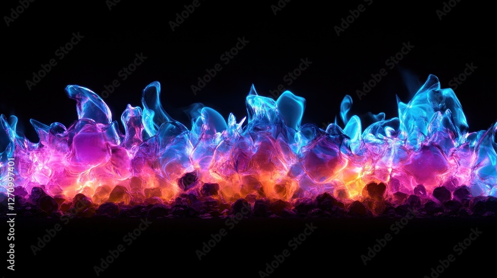 Fototapeta premium Vibrant blue, purple, and orange flames burning over dark embers on a black background.