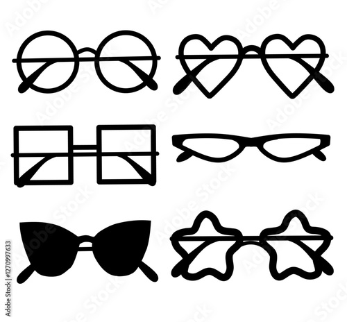 Vector style black glasses icon set featuring six unique frame shapes: round, heart, square, cat eye, rectangular, and star-shaped. Perfect for fashion, accessories, and eyewear designs.
