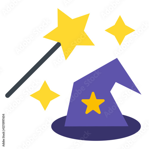 Wizard's Hat and Wand Vector Design Icon Style