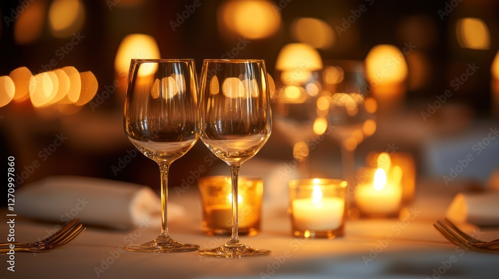 Elegant dinner setup with white table linens, golden cutlery, and flickering candles Elegant dinner setup with white table linens, golden cutlery, and flickering candles