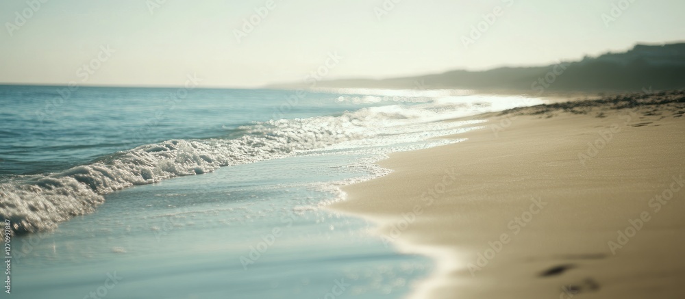 Obraz premium Soft waves lapping a tranquil sandy beach at sunrise.