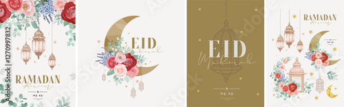Ramadan kareem. Eid mubarak. Vector floral elegant watercolor illustration of crescent moon made of flowers, oriental lantern, hanging lamps for greeting card, invitation, postcard or poster 