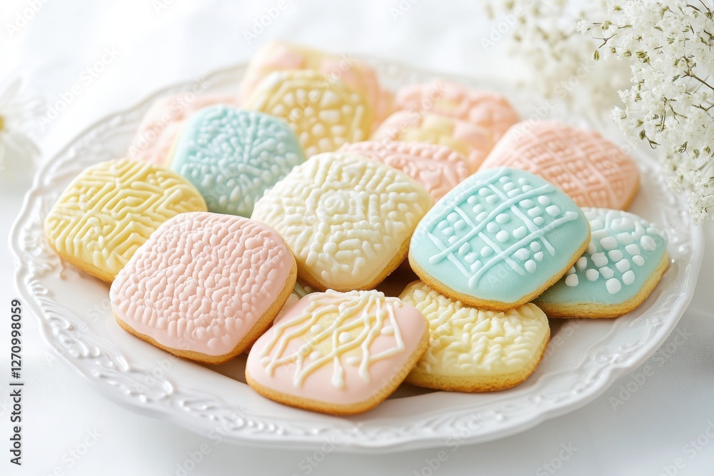 Beautifully arranged cookies with quilted patterns rest on a clean white plate. The soft pastel colors enhance the cookies' delicate craftsmanship and elegance in natural light Beautifully arranged cookies with quilted patterns rest on a clean white plate. The soft pastel colors enhance the cookies' delicate craftsmanship and elegance in natural light