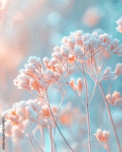 Delicate pastel pink and blue wildflowers in soft focus, sunlit.