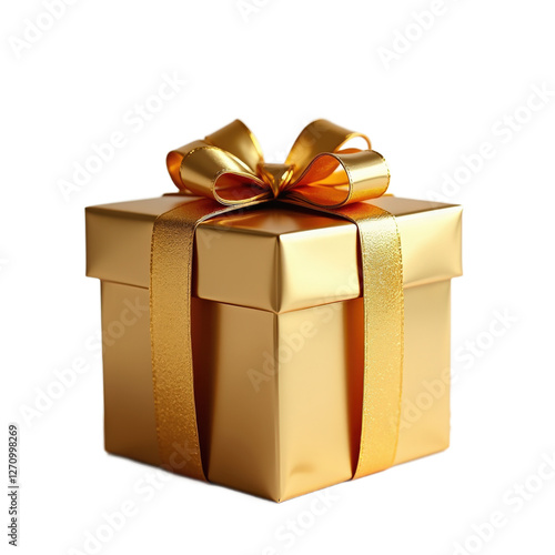 A beautifully wrapped golden gift box with a large, elegant bow made of shiny gold ribbon. The box is presented against a transparent background, giving it a clean and professional appearance.