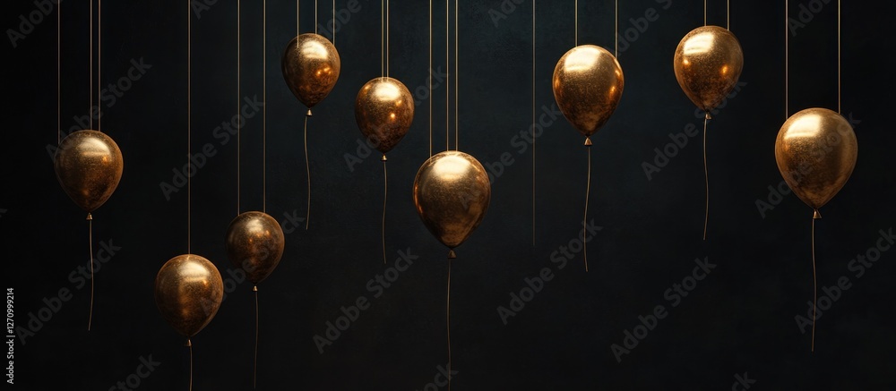 Obraz premium Golden balloons float against dark background.