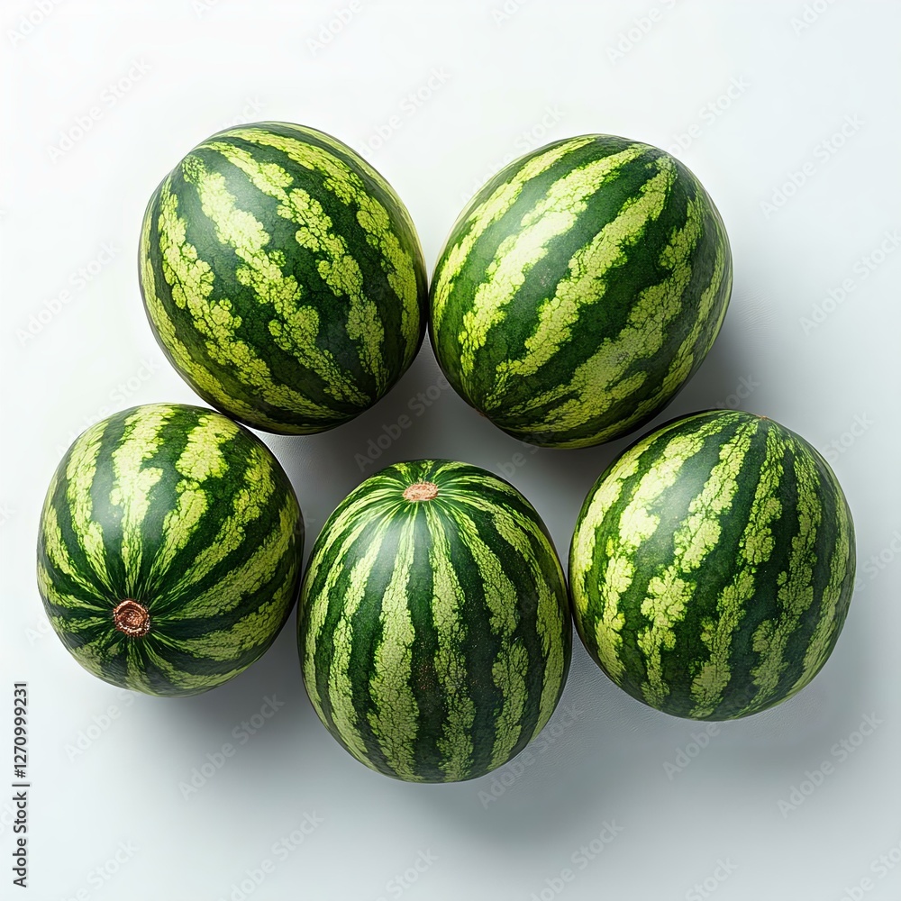 Fresh watermelons arranged in an artistic pattern, showcasing their vibrant green striped skin and natural beauty.