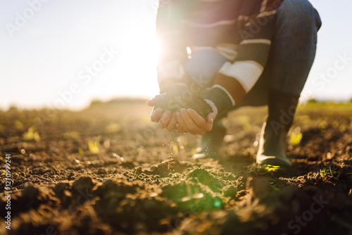 Close- up of the female hands touching dry ground in an agricultural field while analyzing soil during the summer day. Agriculture, gardening, business or ecology concept.