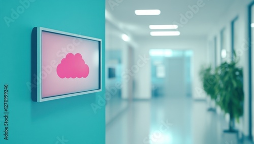 Pink cloud icon on digital screen in modern office hallway.