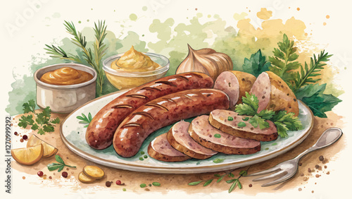 Watercolor illustration of delectable German sausages and roasted meats on a plate with warm earth tones and greenery accents, with copy space  