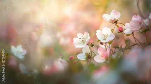 Soft sunlight illuminates delicate pink and white blossoms on a flowering branch.
