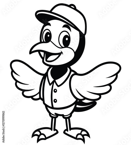 Cute Cartoon Bird Baseball Mascot Vector Illustration in Black and White