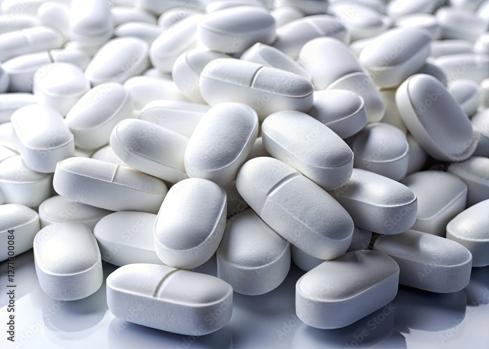 Crisp image: Isolated white 500mg pills on a clean pharmacy background. Healthcare and medicine. Crisp image: Isolated white 500mg pills on a clean pharmacy background. Healthcare and medicine.