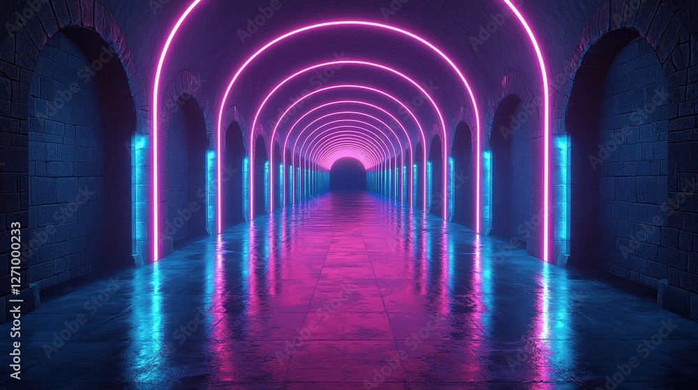 Obraz premium Mesmerizing neon light tunnel creating a stunning and futuristic atmosphere for adventurous travel