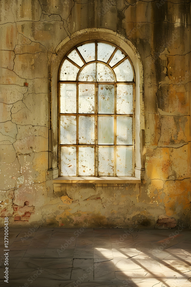 Abandoned room with a weathered window casting light on cracked walls and dusty floor Abandoned room with a weathered window casting light on cracked walls and dusty floor