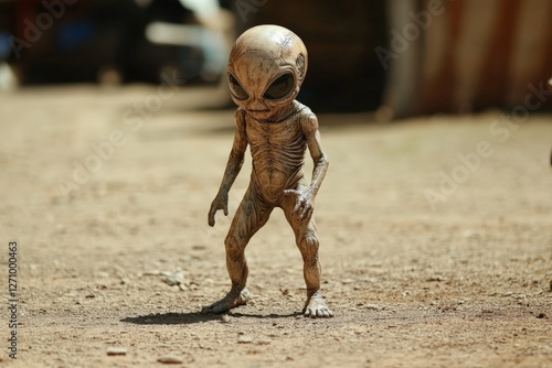 Mysterious alien creature walking alone in a dusty area during daylight hours photo