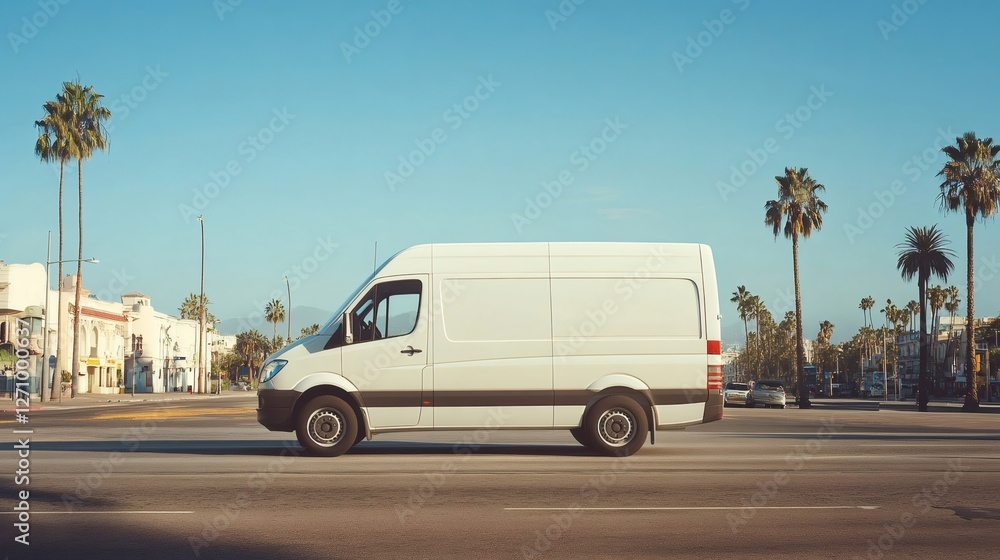 White delivery van driving on a sunny california street White delivery van driving on a sunny california street
