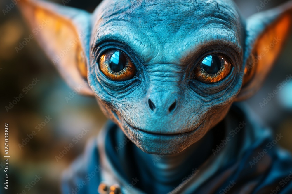 Colorful alien creature with large eyes smiles softly in a whimsical forest setting during twilight Colorful alien creature with large eyes smiles softly in a whimsical forest setting during twilight
