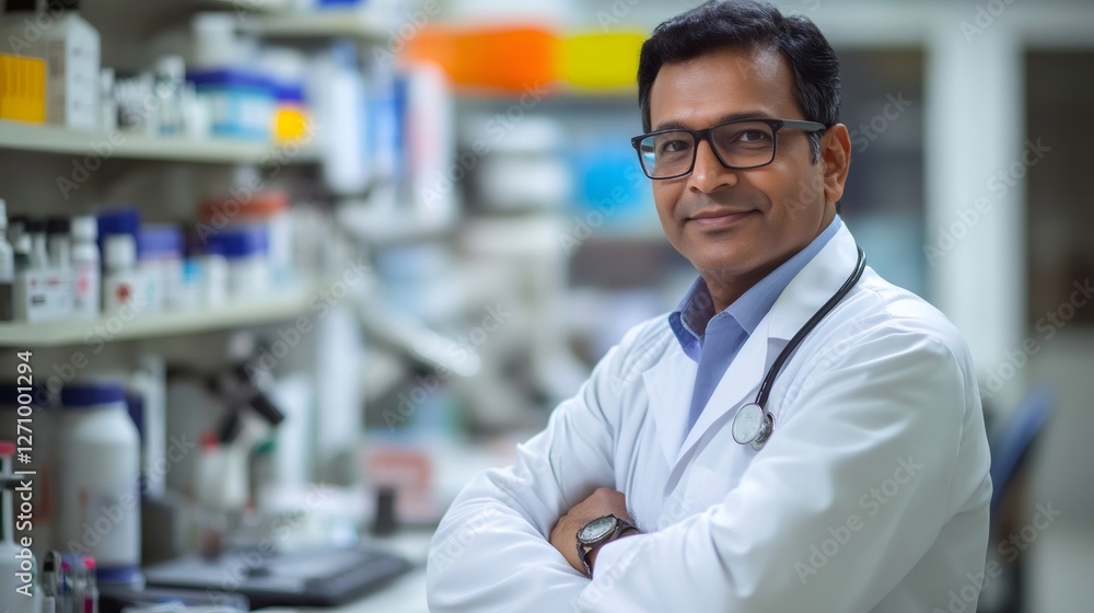 Fototapeta premium Portrait of confident pharmacist smiling with arms crossed in pharmacy