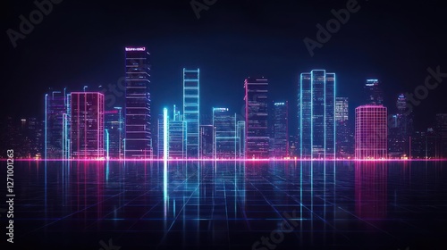 Futuristic City Skyline at Night with Neon Lights