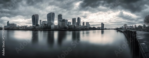 Panoramic view of a city skyline reflected in calm water under a dramatic sky.