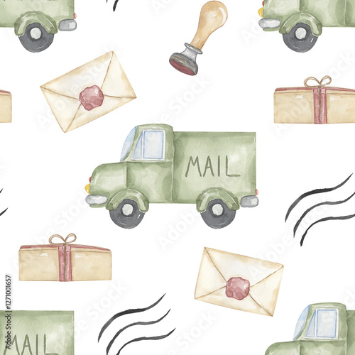 watercolor postmail elements seamless pattern, parcel, mail, stapm and mail truck repeat  paper, scrapbooking photo