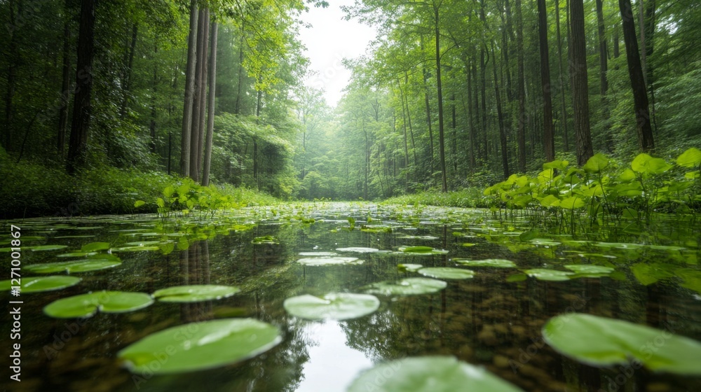 Tranquil forest stream with lily pads Tranquil forest stream with lily pads