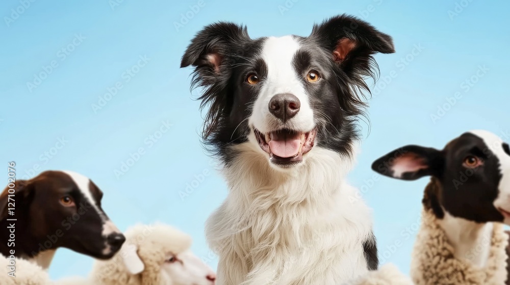 Obraz premium A Loyal Dog Guiding a Flock of Sheep Through a Lush Green Pasture Under a Clear Blue Sky Portraying Harmony and Connection with Nature