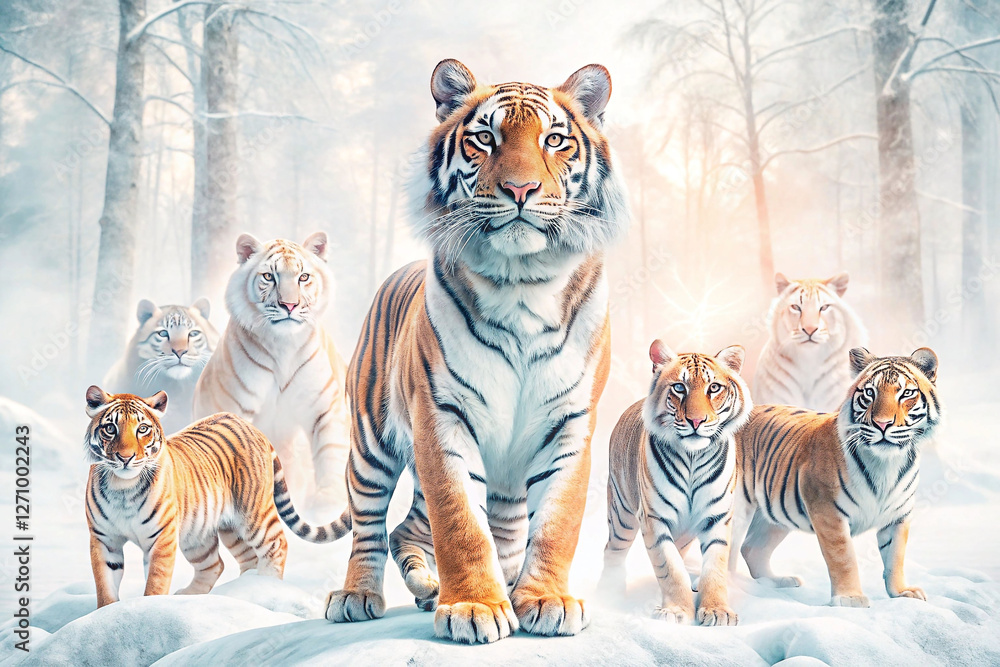 Obraz premium Majestic tigers in snowy winter forest