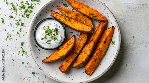 A plate of baked sweet potato wedges, sprinkled with salt and pepper, served with a creamy dipping sauce.