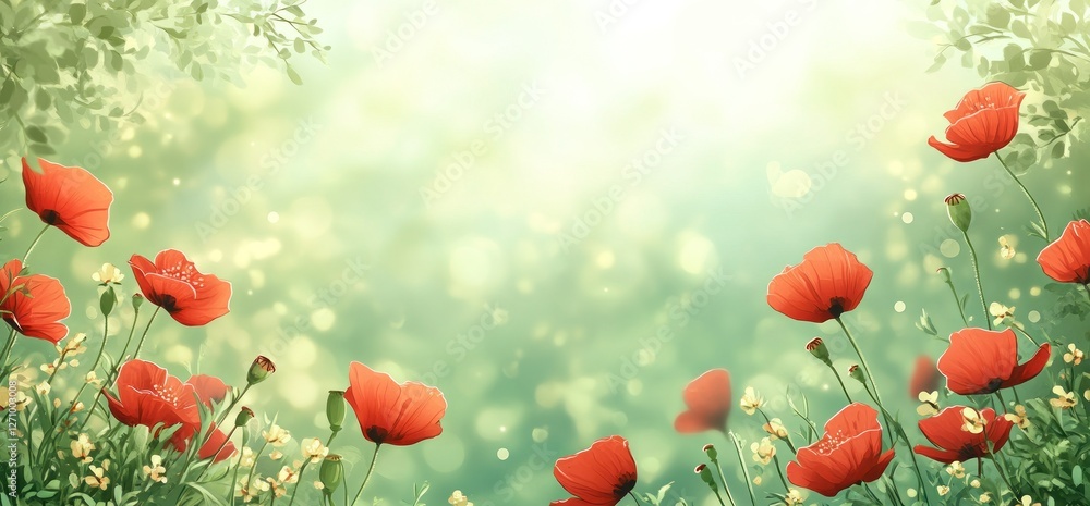 Obraz premium Red poppies blooming in a sunlit meadow.