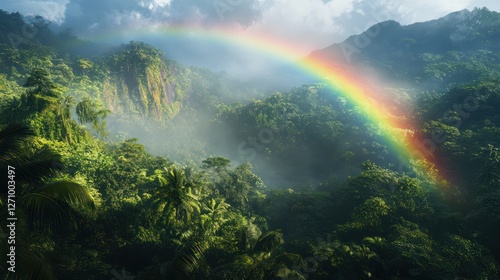 Radiant rainbow stretching across a misty tropical jungle