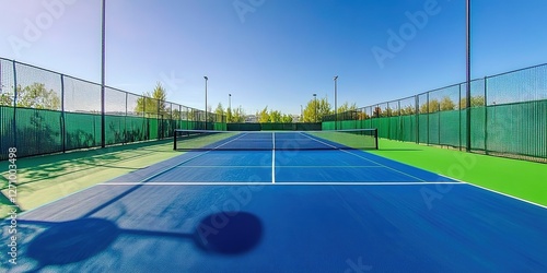 A wide-angle view of an outdoor pickleball court with blue and green synthetic surfaces, surrounded by green fence walls. 