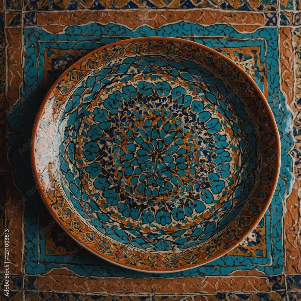 A Moroccan-inspired plate with vibrant, symmetrical patterns. A Moroccan-inspired plate with vibrant, symmetrical patterns.