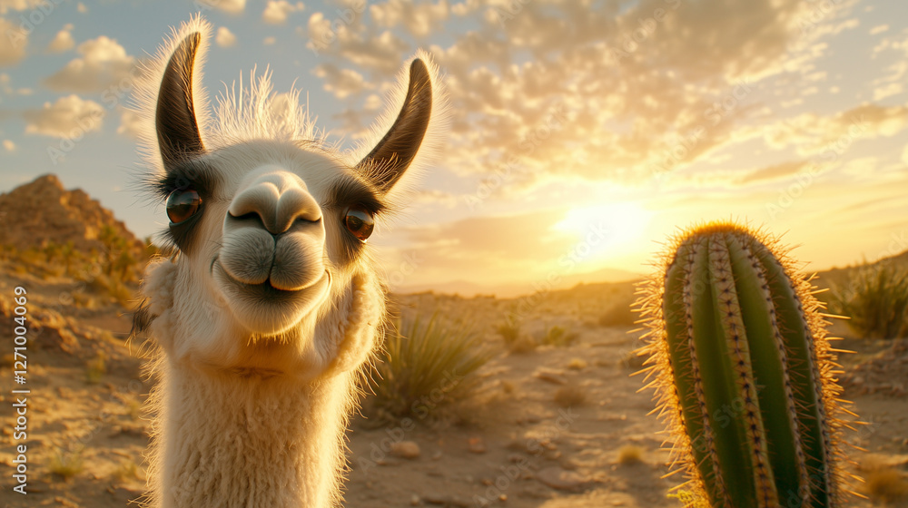 Obraz premium Cute Llama Smiling with Cactus at Sunset in the Desert