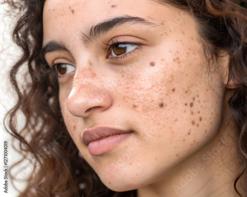 Close up - Young woman's face showing dark age spots and pigmentation issues, highlighting skin aging and dermatology concerns