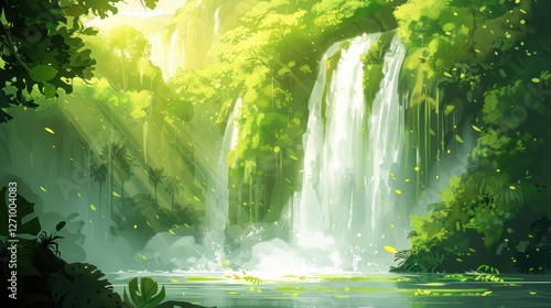 Fototapeta Naklejka Na Ścianę i Meble -  A serene jungle scene featuring a waterfall surrounded by lush greenery and sunlight.