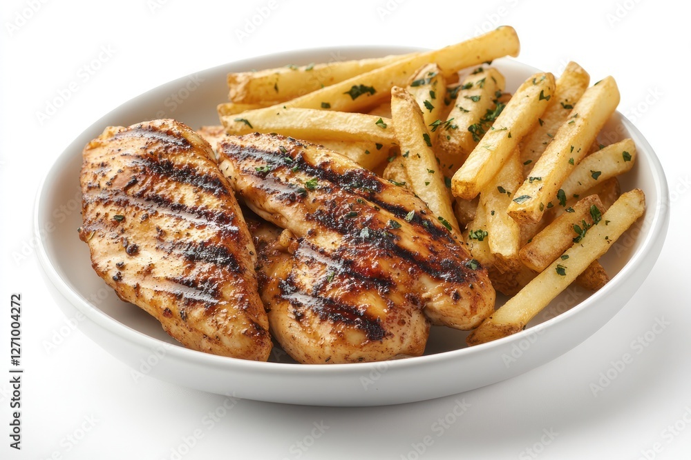 Grilled chicken breast tenders served with golden french fries, garnished with fresh parsley on a white plate. Grilled chicken breast tenders served with golden french fries, garnished with fresh parsley on a white plate.