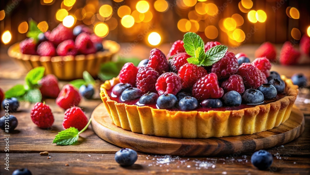 Dreamy close-up: surreal raspberry and blueberry tart glistening with honey. Dreamy close-up: surreal raspberry and blueberry tart glistening with honey.