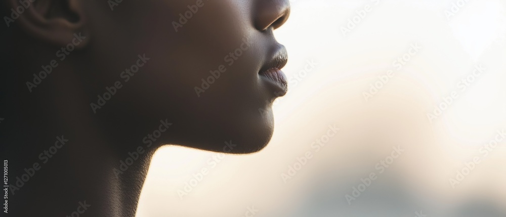 Close-up of a woman's face, with her eyes closed and her lips slightly parted. the background is blurred, but it appears to be a cityscape with buildings and trees. Close-up of a woman's face, with her eyes closed and her lips slightly parted. the background is blurred, but it appears to be a cityscape with buildings and trees.