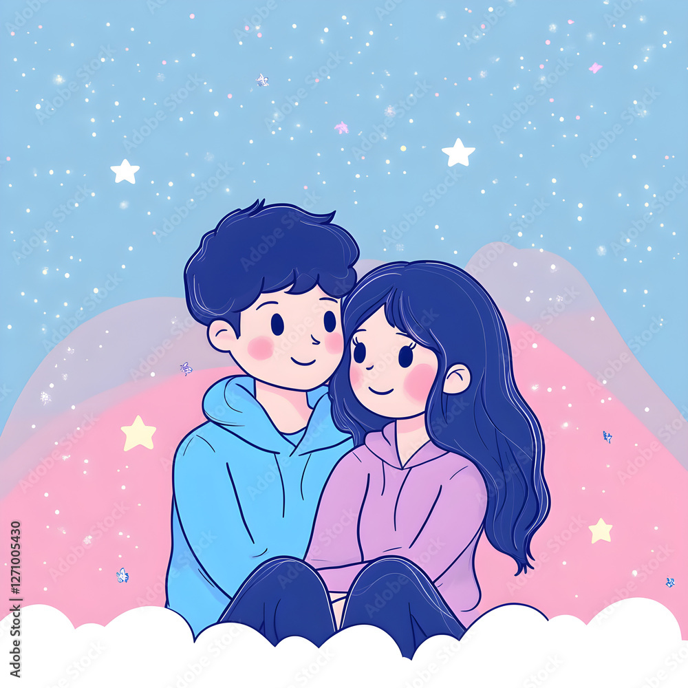 Cute couple sitting on clouds under a starry sky Cute couple sitting on clouds under a starry sky