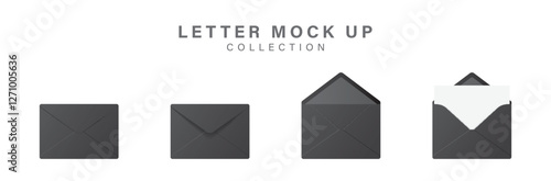Vector set of realistic black envelopes in different positions. Folded and unfolded envelope mockup isolated on a white background.