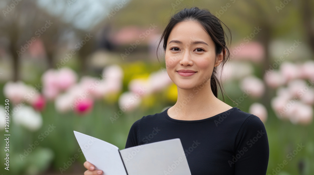 Malay woman in black t-shirt smiling enjoying vacation trip at tulip garden Malay woman in black t-shirt smiling enjoying vacation trip at tulip garden