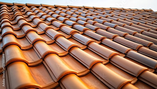 Wallpaper Mural Close-up of an orange roof tile pattern, showcasing the texture and detail in ceramic clay tiles against a clear sky background. Torontodigital.ca