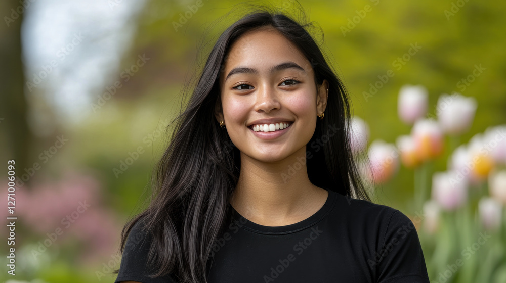 Indonesian woman in black t-shirt smiling enjoying vacation trip at tulip garden Indonesian woman in black t-shirt smiling enjoying vacation trip at tulip garden