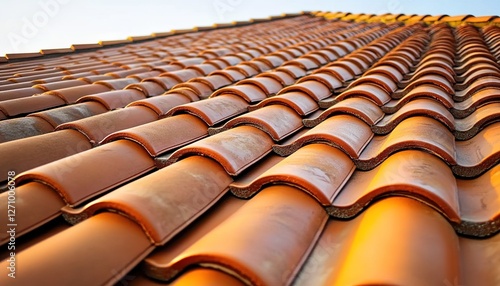 Wallpaper Mural Close-up of an orange roof tile pattern, showcasing the texture and detail in ceramic clay tiles against a clear sky background. Torontodigital.ca